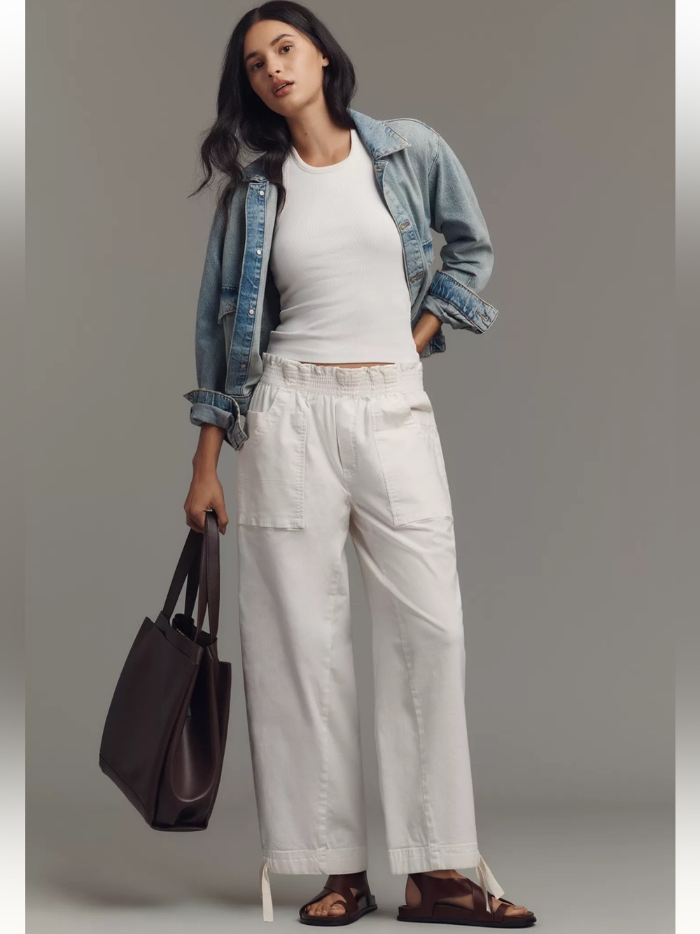 PILCRO | Crop Wide Leg Workwear Pull On Casual White Cargo Pants Size M